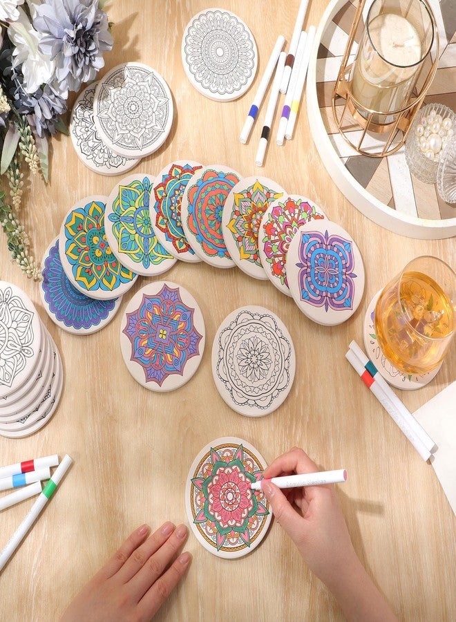 Potchen 10 Pcs Ceramic Coasters for Drinks Color Your Own Coaster Set DIY Absorbent Cup Mat with 12 Markers and Cork Base Gift Arts and Crafts for Coffee Table Apartment Bar Home Decoration (Mandala) - Image 4