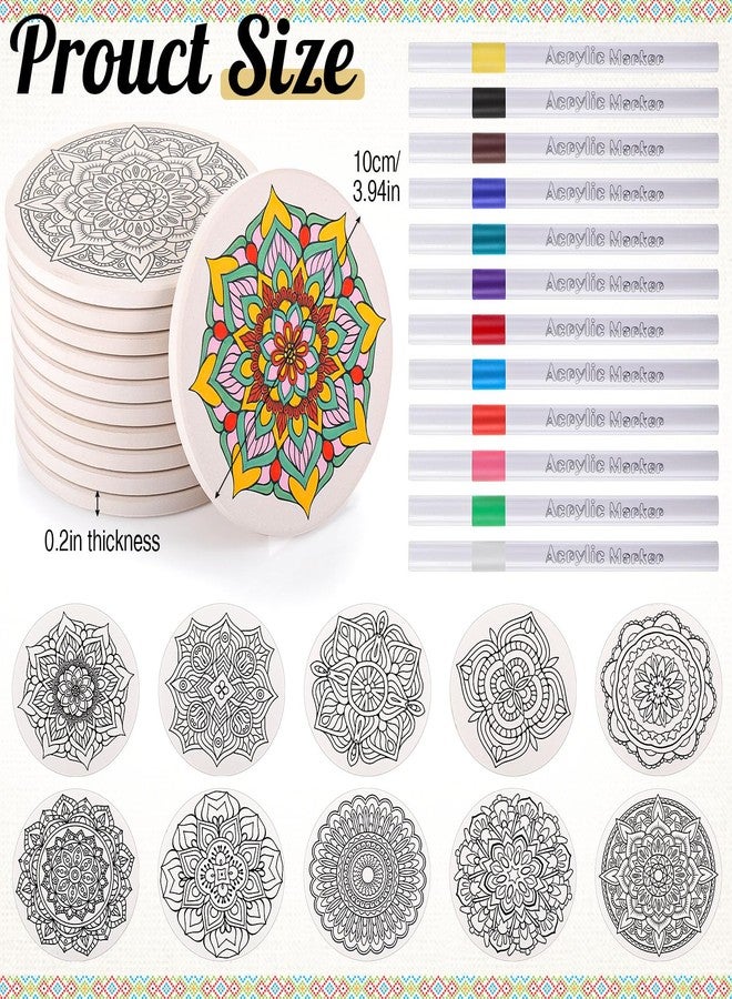 Potchen 10 Pcs Ceramic Coasters for Drinks Color Your Own Coaster Set DIY Absorbent Cup Mat with 12 Markers and Cork Base Gift Arts and Crafts for Coffee Table Apartment Bar Home Decoration (Mandala) - Image 2
