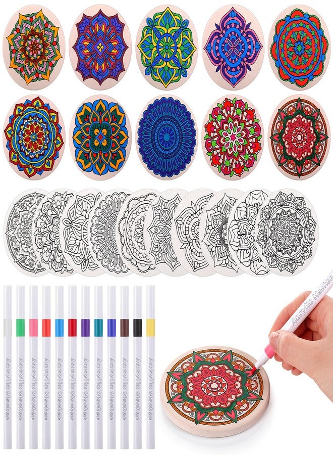 Potchen 10 Pcs Ceramic Coasters for Drinks Color Your Own Coaster Set DIY Absorbent Cup Mat with 12 Markers and Cork Base Gift Arts and Crafts for Coffee Table Apartment Bar Home Decoration (Mandala) - Image 1