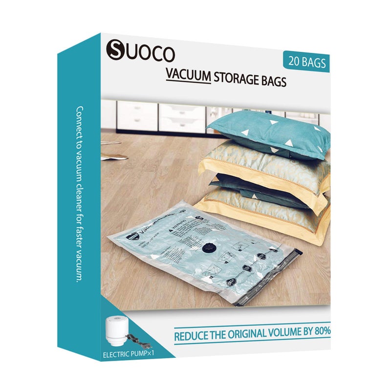 SUOCO Travel Vacuum Storage Bags with Electric Pump, Space Saver Seal Compression Packing Cubes for Clothing Bedding Comforters Blankets Pillows Clothes, 20 Combo - Image 1
