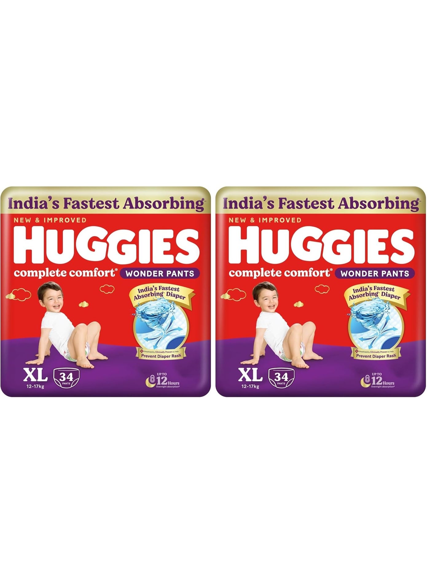Huggies Complete Comfort Wonder Pants | Pant Style Baby Diapers Extra Large Size (XL), 34 Count | India's Fastest Absorbing Diaper, Prevents Diaper Rash, Ideal for 12 to 17 Kgs (Pack of 2)