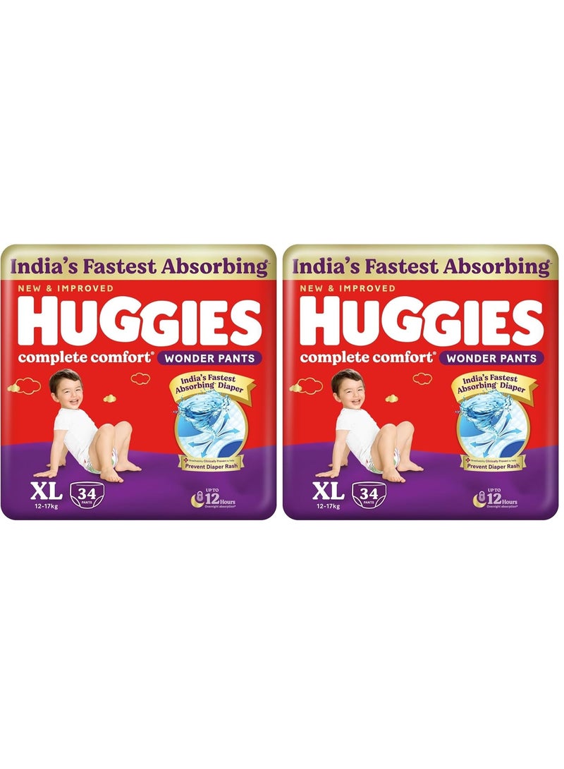 Huggies Complete Comfort Wonder Pants | Pant Style Baby Diapers Extra Large Size (XL), 34 Count | India's Fastest Absorbing Diaper, Prevents Diaper Rash, Ideal for 12 to 17 Kgs (Pack of 2) - Image 1