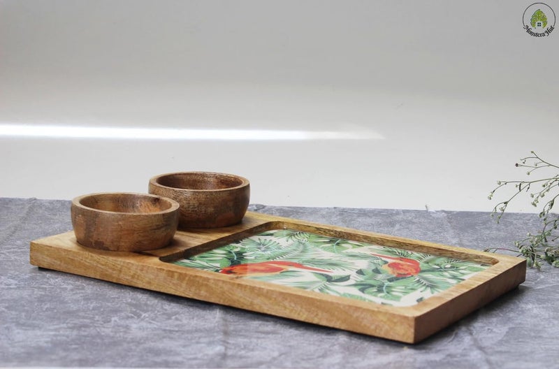 Monstera Hut ® Vibrant by Nature Mangowood Platter with 2 Bowls, for French Fries | Serving Platter |Platters for Serving Snacks | Unbreakable Serving Dessert and Snacks Platter/Tray | Serving Tray - Image 5