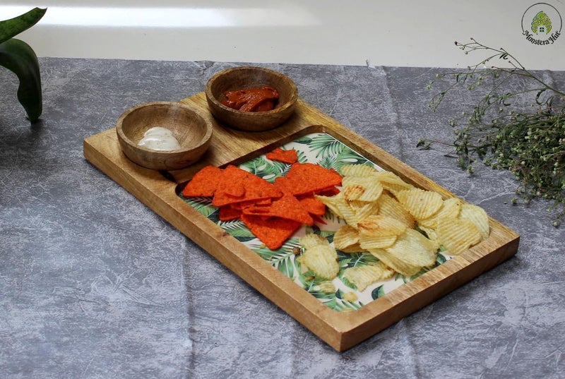 Monstera Hut ® Vibrant by Nature Mangowood Platter with 2 Bowls, for French Fries | Serving Platter |Platters for Serving Snacks | Unbreakable Serving Dessert and Snacks Platter/Tray | Serving Tray - Image 2
