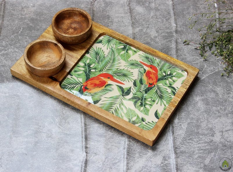 Monstera Hut ® Vibrant by Nature Mangowood Platter with 2 Bowls, for French Fries | Serving Platter |Platters for Serving Snacks | Unbreakable Serving Dessert and Snacks Platter/Tray | Serving Tray - Image 1