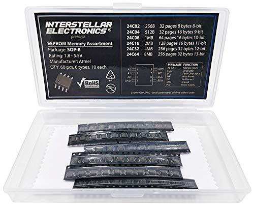 Interstellar Electronics EEPROM Memory chip IC Assortment SMD SOP8, 256B, 512B, 1MB, 2MB, 4MB, 8MB, 24C02, 24C04, 24C08, 24C16, 24C32, 24C64, 60 pcs
