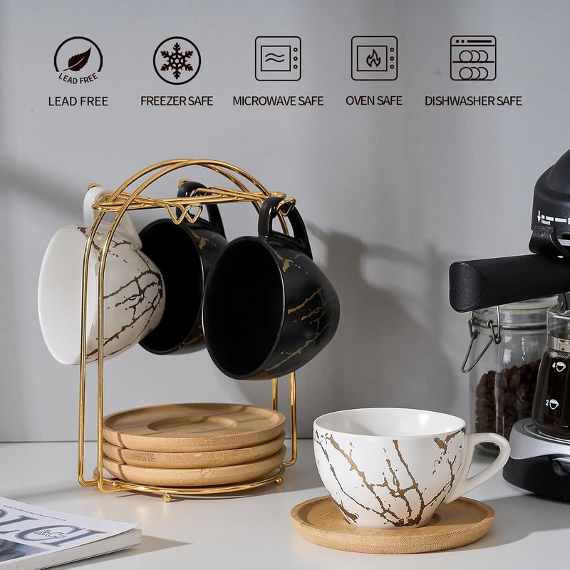 LUKA Ceramic Demitasse Espresso Cups Set with Saucers and Metal Stand 8 oz Porcelain Stackable Cappuccino Cups Teacup For Tea Espresso Latte Coffee Cafe Mocha Set of 4 White  Black - Image 4