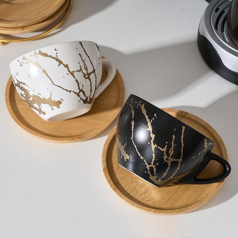 LUKA Ceramic Demitasse Espresso Cups Set with Saucers and Metal Stand 8 oz Porcelain Stackable Cappuccino Cups Teacup For Tea Espresso Latte Coffee Cafe Mocha Set of 4 White  Black - Image 2