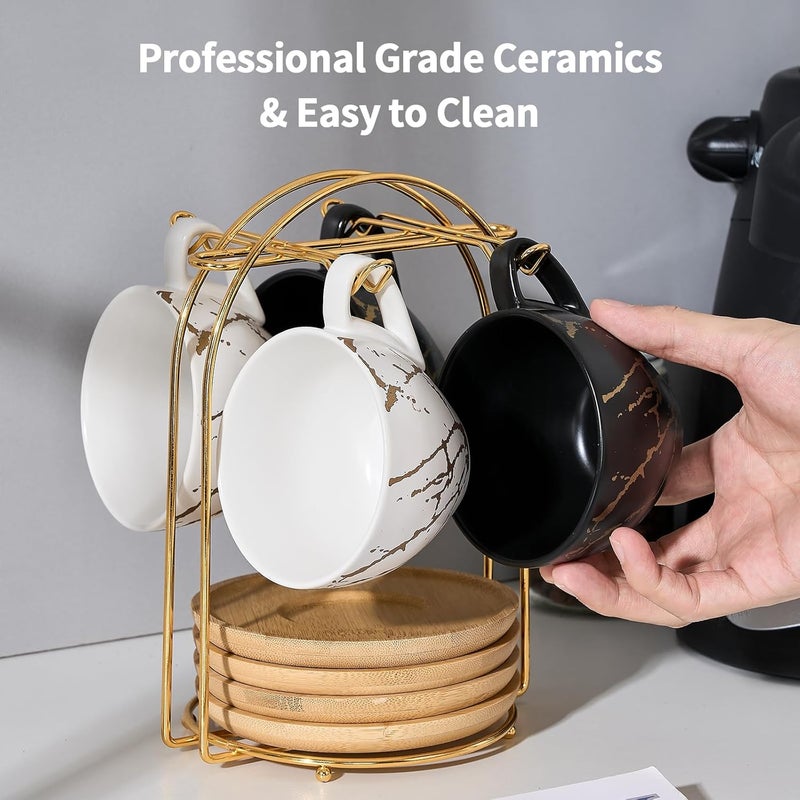 LUKA Ceramic Demitasse Espresso Cups Set with Saucers and Metal Stand 8 oz Porcelain Stackable Cappuccino Cups Teacup For Tea Espresso Latte Coffee Cafe Mocha Set of 4 White  Black - Image 5