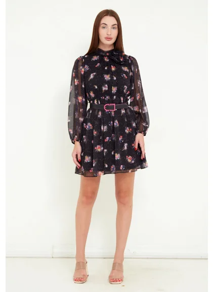 Modatalika Women's Long Sleeve Belted Floral Patterned Mini Chiffon Dress