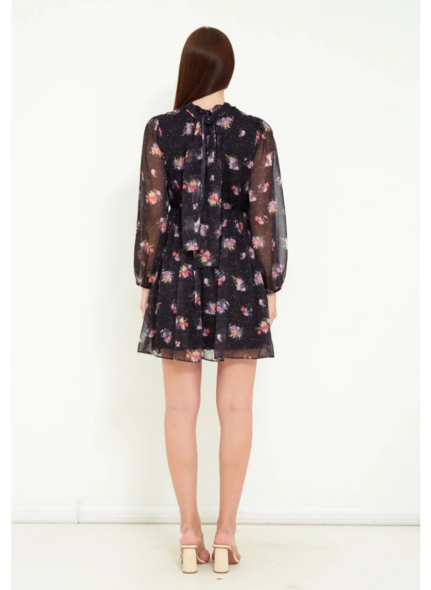 Modatalika Women's Long Sleeve Belted Floral Patterned Mini Chiffon Dress