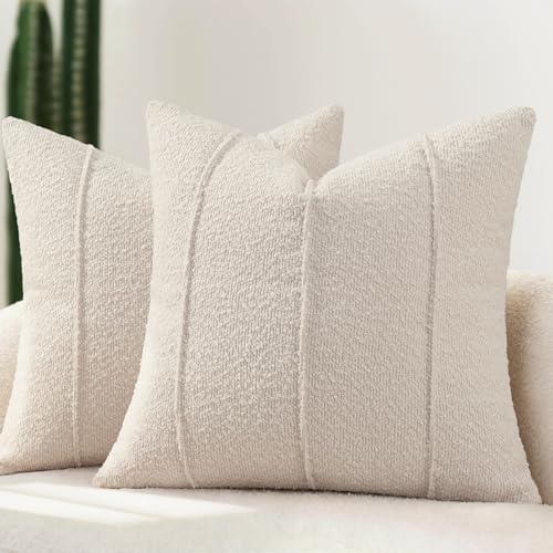 YCOLL Textured Boucle Throw Pillow Covers 18x18 Pack of 2 Soft Neutral Striped Cushion Covers Cozy Accent Decorative Pillow Covers for Couch Sofa Bed Living Room Beige - Image 1