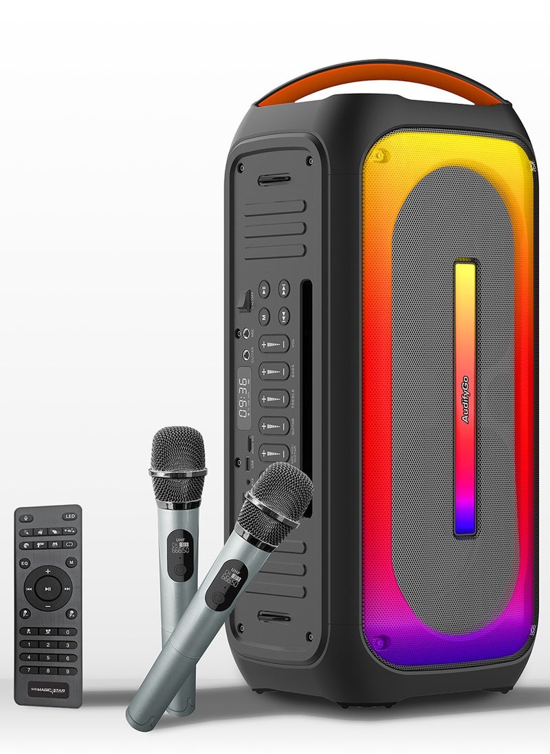 Magic Star AudifyGo BB360 Portable Karaoke Speaker with 2 UHF Wireless Microphones, LED Display, Bass Boost, 60W  - Image 1