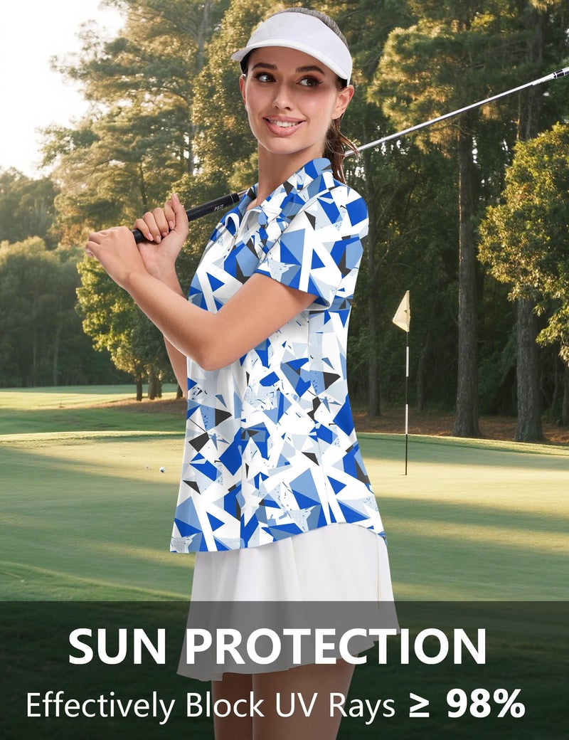 LOMON Short Sleeve Golf Shirts for Women Collared Athletic Polo Shirts Summer Quick Dry Cotton Outdoor Hiking Cute Top (Geometry Blue,X-Large) - Image 2