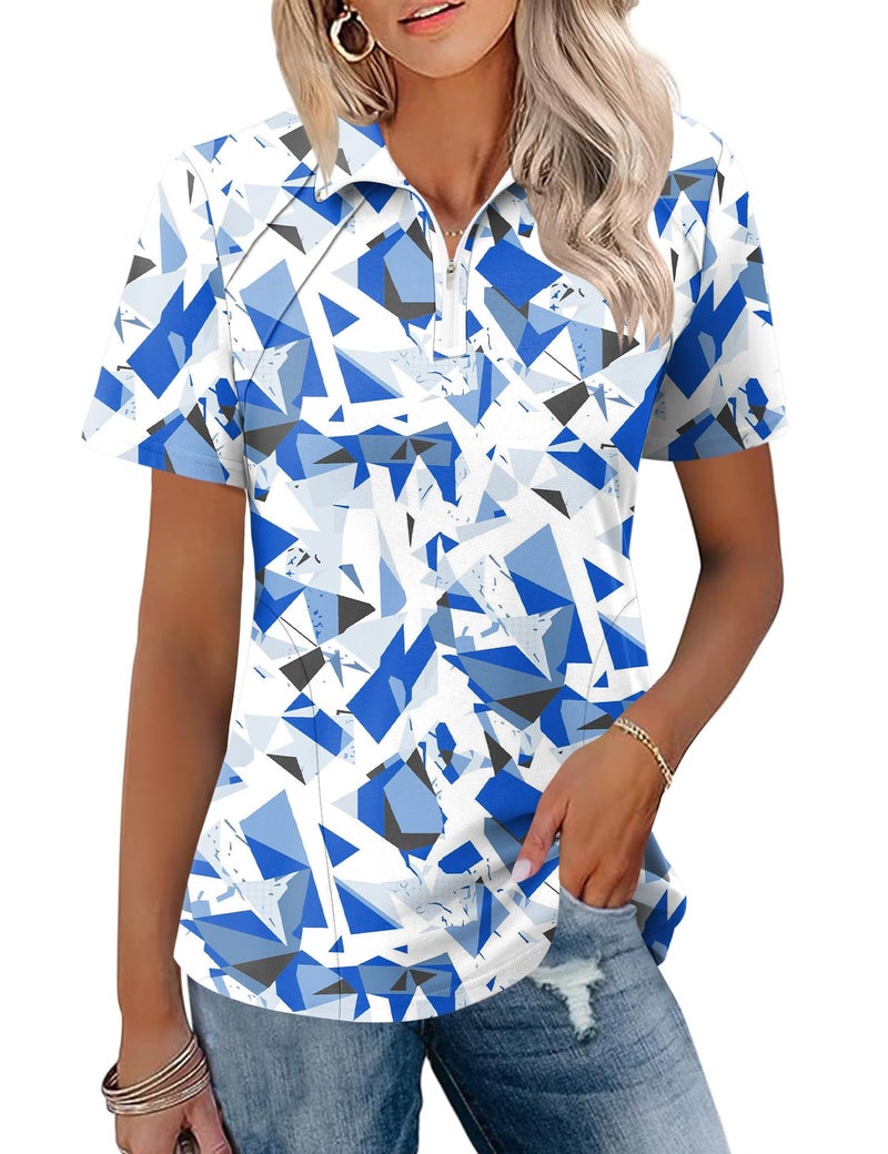 LOMON Short Sleeve Golf Shirts for Women Collared Athletic Polo Shirts Summer Quick Dry Cotton Outdoor Hiking Cute Top (Geometry Blue,X-Large) - Image 1