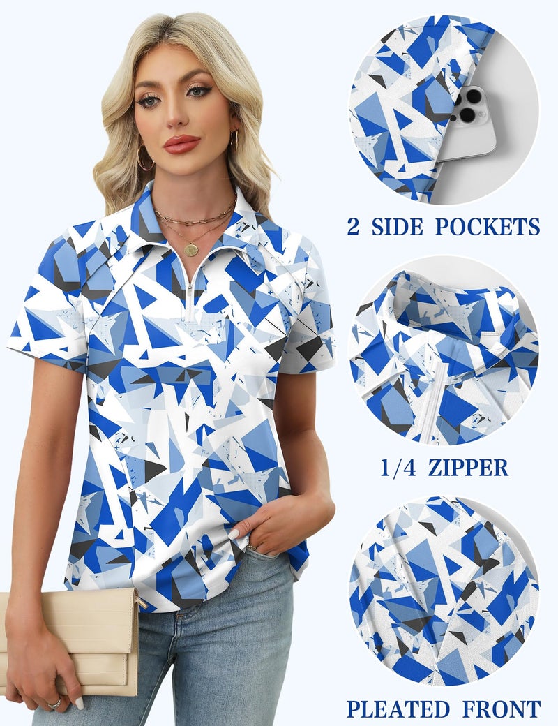 LOMON Short Sleeve Golf Shirts for Women Collared Athletic Polo Shirts Summer Quick Dry Cotton Outdoor Hiking Cute Top (Geometry Blue,X-Large) - Image 5
