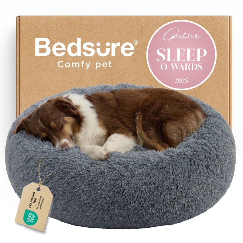 Bedsure Calming Dog Bed for Large Dogs - Donut Washable Large Pet Bed, 36 inches Anti-Slip Round Fluffy Plush Faux Fur Dog Bed, Fits up to 80 lbs Pets, Dark Grey - Image 1