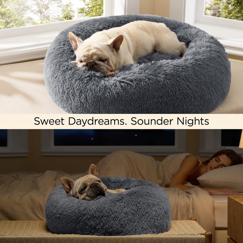Bedsure Calming Dog Bed for Large Dogs - Donut Washable Large Pet Bed, 36 inches Anti-Slip Round Fluffy Plush Faux Fur Dog Bed, Fits up to 80 lbs Pets, Dark Grey - Image 4