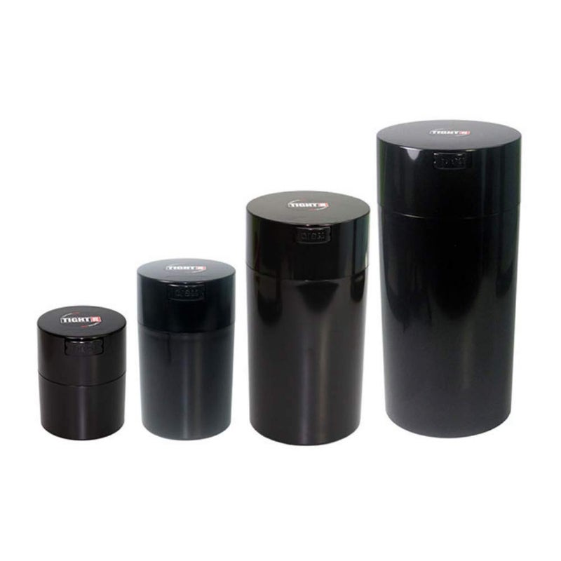 Tightvac Nested Set of 4 Vacuum Sealed Dry Goods Storage Containers, 4 Sizes: 24-Ounce, 12-Ounce, 6-Ounce, 3-Ounce, Solid Black Body/Black Cap