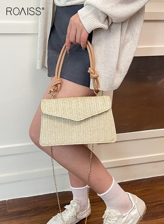 roaiss Women's Straw-Woven Crossbody Bag, New Khaki Minimalist Square Bag, Fashion Solid-Color Shoulder Bag, Casual Handheld Horizontal Square Bag, Vintage Essential for Everyday Outfits - Image 4