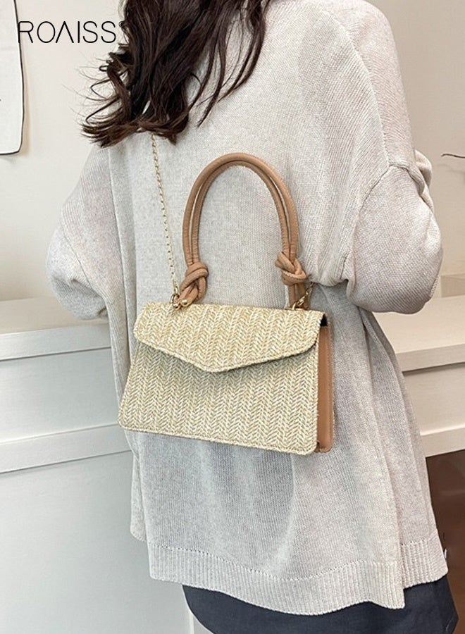 roaiss Women's Straw-Woven Crossbody Bag, New Khaki Minimalist Square Bag, Fashion Solid-Color Shoulder Bag, Casual Handheld Horizontal Square Bag, Vintage Essential for Everyday Outfits - Image 3