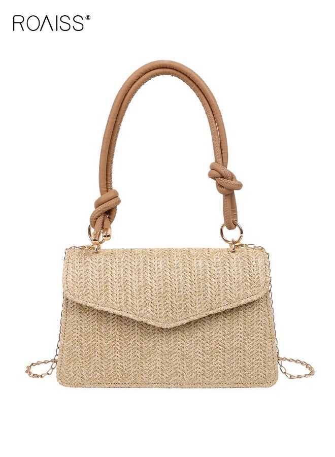 roaiss Women's Straw-Woven Crossbody Bag, New Khaki Minimalist Square Bag, Fashion Solid-Color Shoulder Bag, Casual Handheld Horizontal Square Bag, Vintage Essential for Everyday Outfits - Image 1
