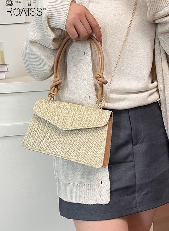 roaiss Women's Straw-Woven Crossbody Bag, New Khaki Minimalist Square Bag, Fashion Solid-Color Shoulder Bag, Casual Handheld Horizontal Square Bag, Vintage Essential for Everyday Outfits - Image 2
