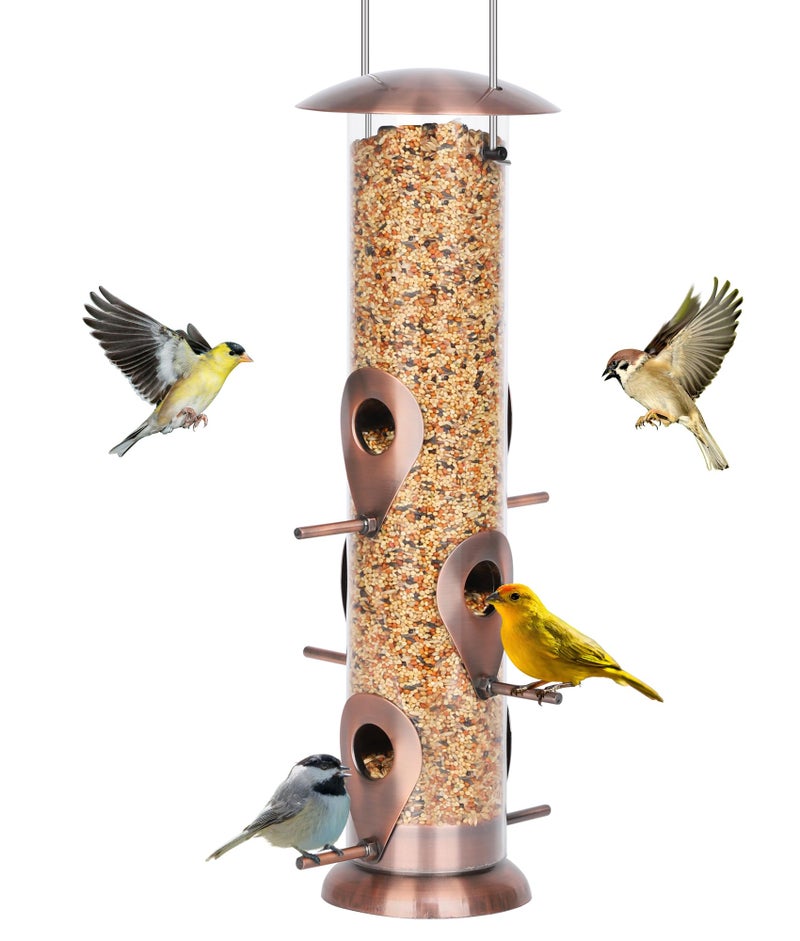 FEED GARDEN Metal Bird Feeder - 6 Port Tube Feeder for Outdoors, Heavy Duty Squirrel Proof with Metal Lid, Easy Fill & Clean, Weather Resistant Copper Finish, 13 Inch - Image 1