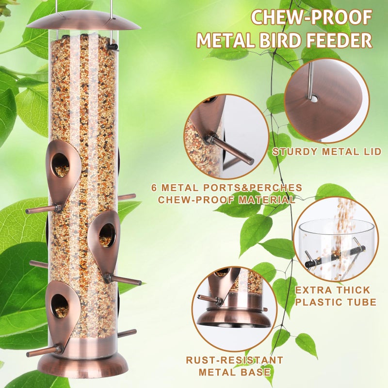 FEED GARDEN Metal Bird Feeder - 6 Port Tube Feeder for Outdoors, Heavy Duty Squirrel Proof with Metal Lid, Easy Fill & Clean, Weather Resistant Copper Finish, 13 Inch - Image 3