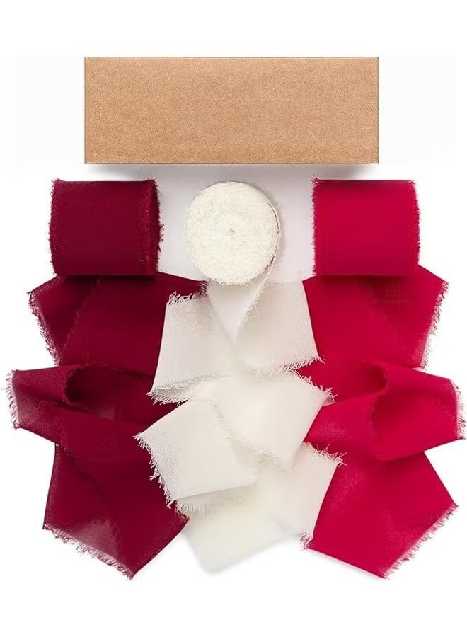 Generic 3 Rolls Handmade Red Chiffon Silk Ribbon 1 1/2 Inch Handmade Frayed Edge Burgundy & White Ribbons for Gift Wrapping Bridal Bouquets Baby Shower Wedding Invitations(4cm*5m)  - Image 1