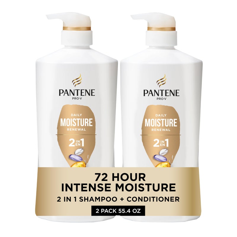 Pantene 2-in-1 Shampoo & Conditioner, Daily Moisture Renewal - Pro-V Nutrients for Dry, Color-Treated, Straight to Curly Hair, 72-Hour Hydration & Softness, 27.7 Oz Each, 2-Pack + Rescue Shot (0.5 Oz) - Image 1