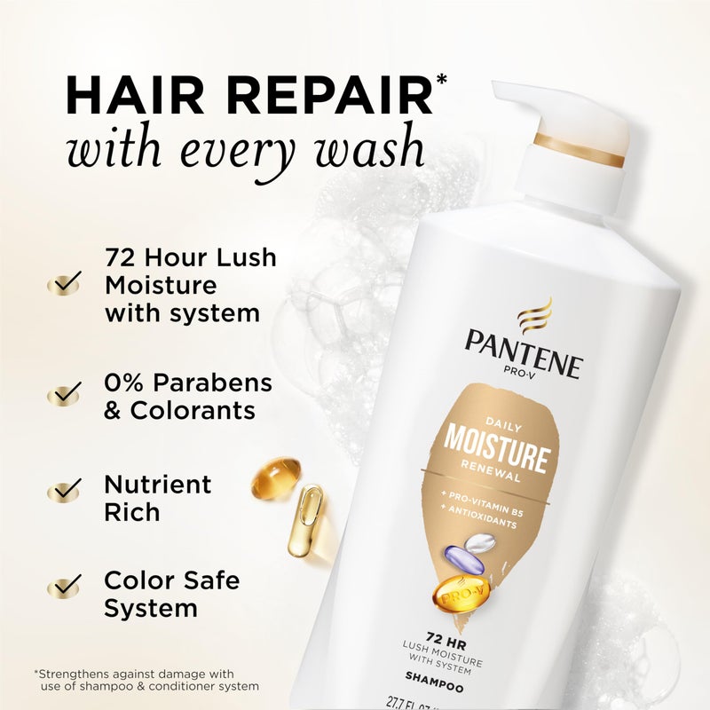 Pantene 2-in-1 Shampoo & Conditioner, Daily Moisture Renewal - Pro-V Nutrients for Dry, Color-Treated, Straight to Curly Hair, 72-Hour Hydration & Softness, 27.7 Oz Each, 2-Pack + Rescue Shot (0.5 Oz) - Image 2