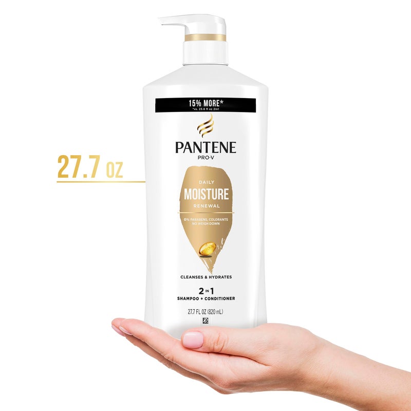Pantene 2-in-1 Shampoo & Conditioner, Daily Moisture Renewal - Pro-V Nutrients for Dry, Color-Treated, Straight to Curly Hair, 72-Hour Hydration & Softness, 27.7 Oz Each, 2-Pack + Rescue Shot (0.5 Oz) - Image 5