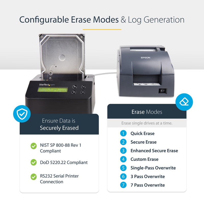 StarTech.com Single Bay SSD/HDD Hard Drive Eraser, 2.5/3.5" SATA, Hostless Standalone Secure Erase, Disk Sanitizer, Hardware Wiper Erasing Tool, 9 Modes, Printer Port, NIST/DOD, LCD, TAA (SDOCK1EU3P) - Image 5