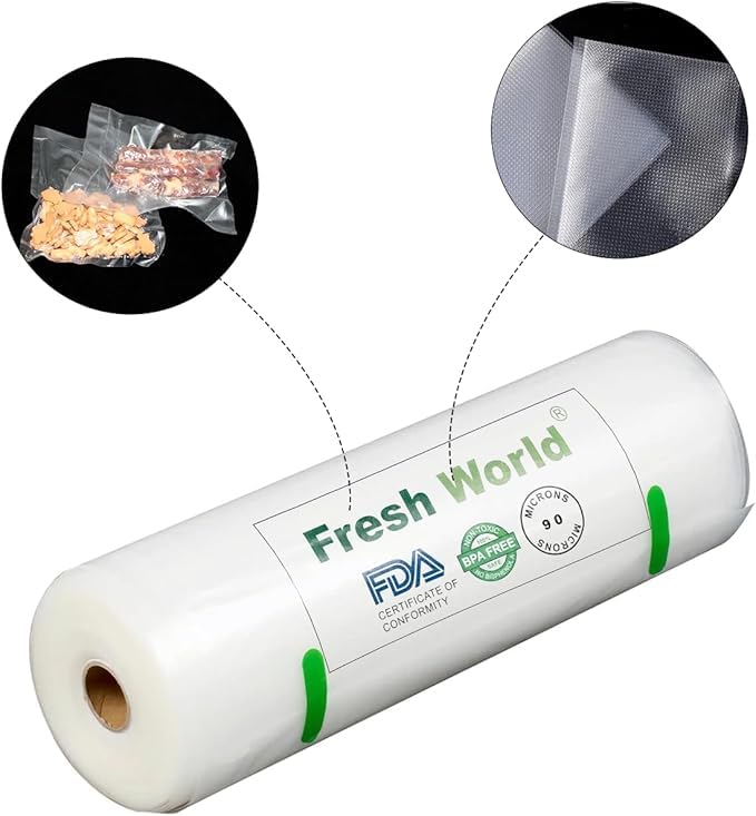 FRESH WORLD Vacuum Sealer Rolls - Food Storage Saver Bag, Travel Friendly | Airtight | Space Saver | Storage Bags | Packing | Embossed On One Side (22Cm X 500Cm) (9" X 5M) - Image 2