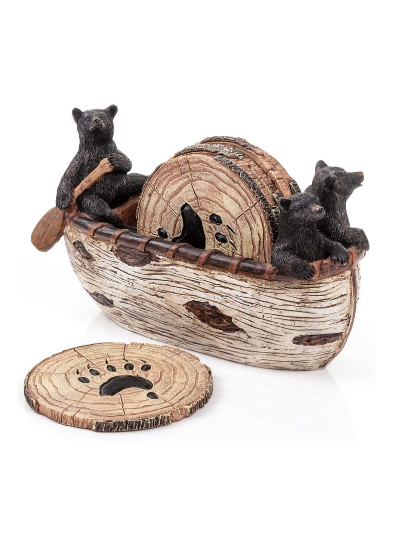 KASTWAVE مجموعة 6 قطع من حوامل الأكواب بشكل دب، حوامل أكواب بأحجام كاملة بتصميم ريفي في قارب خشبي مصنوع يدويًا، مع تماثيل دُب لطيفة، حوامل أكواب للقهوة، والبيرة، والطاولات الخشبية، والمشروبات، وزخرفة الدب الأسود، وزخرفة الريف للمنزل - Image 1