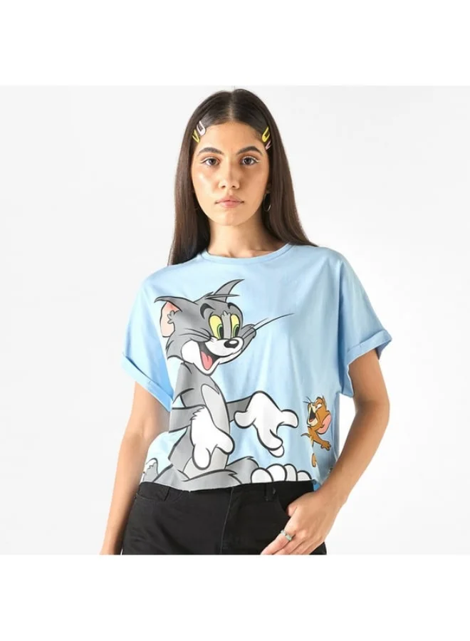 SP Characters Tom and Jerry Print T-shirt with Crew Neck and Short Sleeves