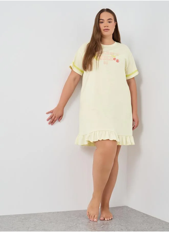 ستايلي Styli Plus Size Graphic Print Round Neck Nightdress