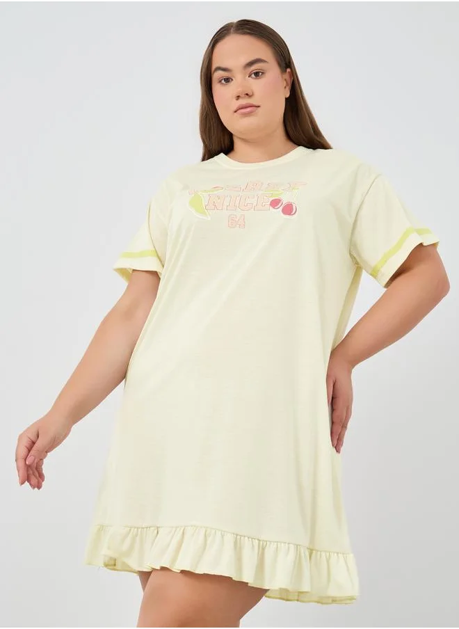 ستايلي Styli Plus Size Graphic Print Round Neck Nightdress