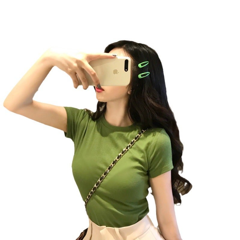 Avocado Green Short-Sleeved T-Shirt For Women 2025 Pure Color Korean Style Slim Matcha Green Tight Top - Image 5