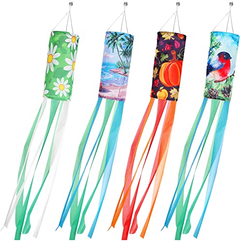 Macarrie 4 Pack Seasonal Windsock Spring Summer Fall Winter Outdoor Heavy Duty Hanging Decor Daisy Flamingo Pumpkin Snowbird Wind Socks Spinners for Garden Yard Decoration 591 x 3937 Inch - Image 1