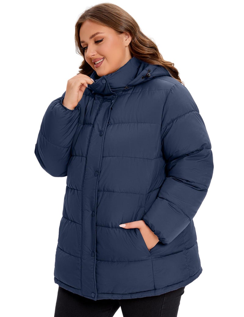 WINDMILL Womens Plus Size Heavyweight Puffer Jacket, Warm Winter Coat with Hood, Navy, 3X - Image 2