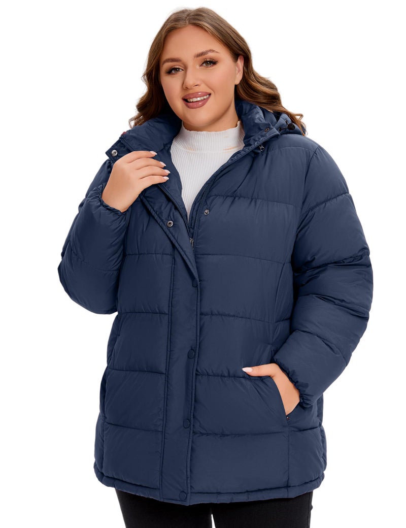 WINDMILL Womens Plus Size Heavyweight Puffer Jacket, Warm Winter Coat with Hood, Navy, 3X - Image 1