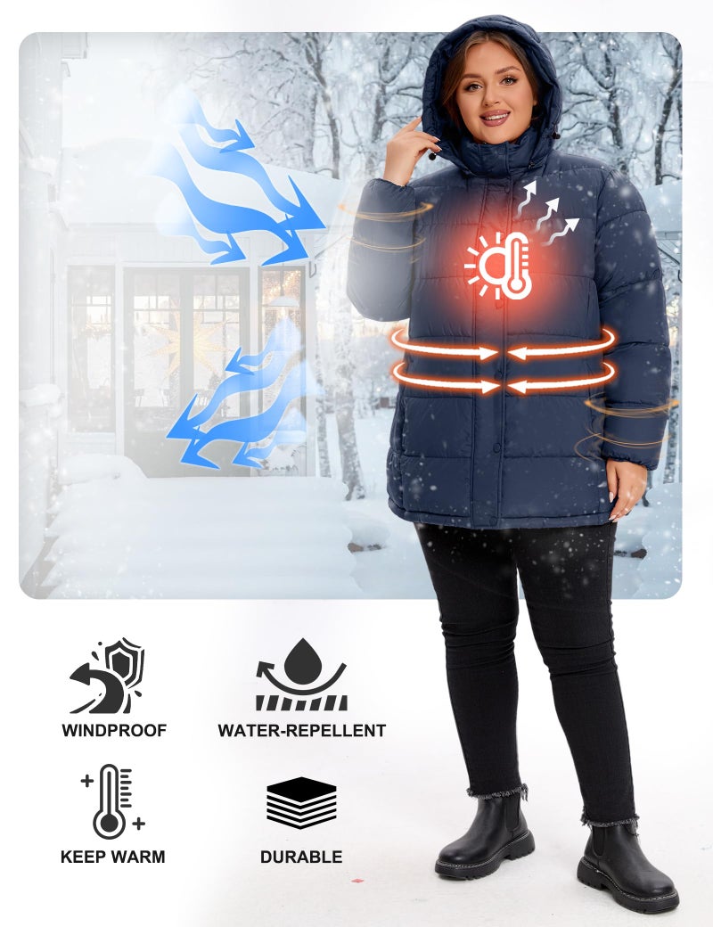 WINDMILL Womens Plus Size Heavyweight Puffer Jacket, Warm Winter Coat with Hood, Navy, 3X - Image 4