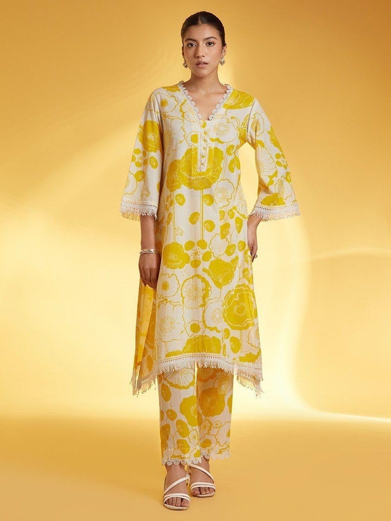 LookMark Women's Printed Cotton Blend Straight Kurta Pant Set with Lace - Comfortable Ethnic Wear for Women, Elegant Design, Suitable for Various Occasions (AZ-LM-OG-KS2118 Yellow-S) - Image 3