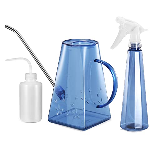 Goowin Watering Can Indoor Plants 47 oz Long Spout House Plant Flower Watering Can Creative Wide Opening Plastic Watering Can with 16 oz Spray Bottle 85 oz Squeeze Bottle Blue - Image 1