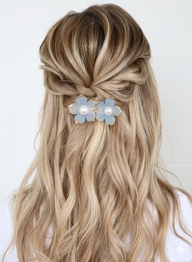 NIXTIL Elegant Floral Pearl Hair Pin, Pastel Blue Flower Hair Clip with Gold Edging,Vintage Style Pearl Blossom Hair Accessory - Image 2