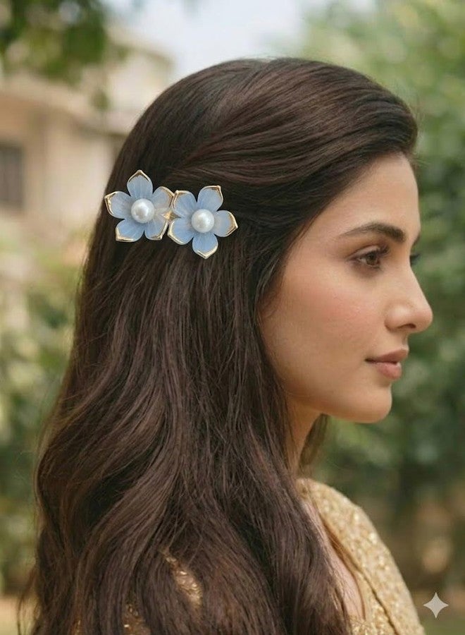 NIXTIL Elegant Floral Pearl Hair Pin, Pastel Blue Flower Hair Clip with Gold Edging,Vintage Style Pearl Blossom Hair Accessory - Image 3