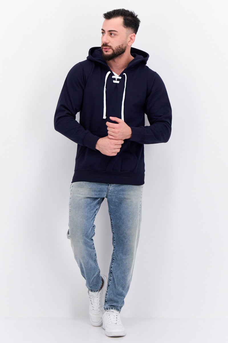 Fleece Factory Men Hooded Solid Long Sleeves Sweatshirt, Nay - Image 3