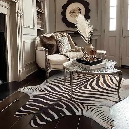 jinchan Zebra Print Area Rug Faux Skin Cowhide Animal Design Mat Faux Suede Indoor Floorcover for Bedroom Living Room 4x5 Safari Design - Image 1